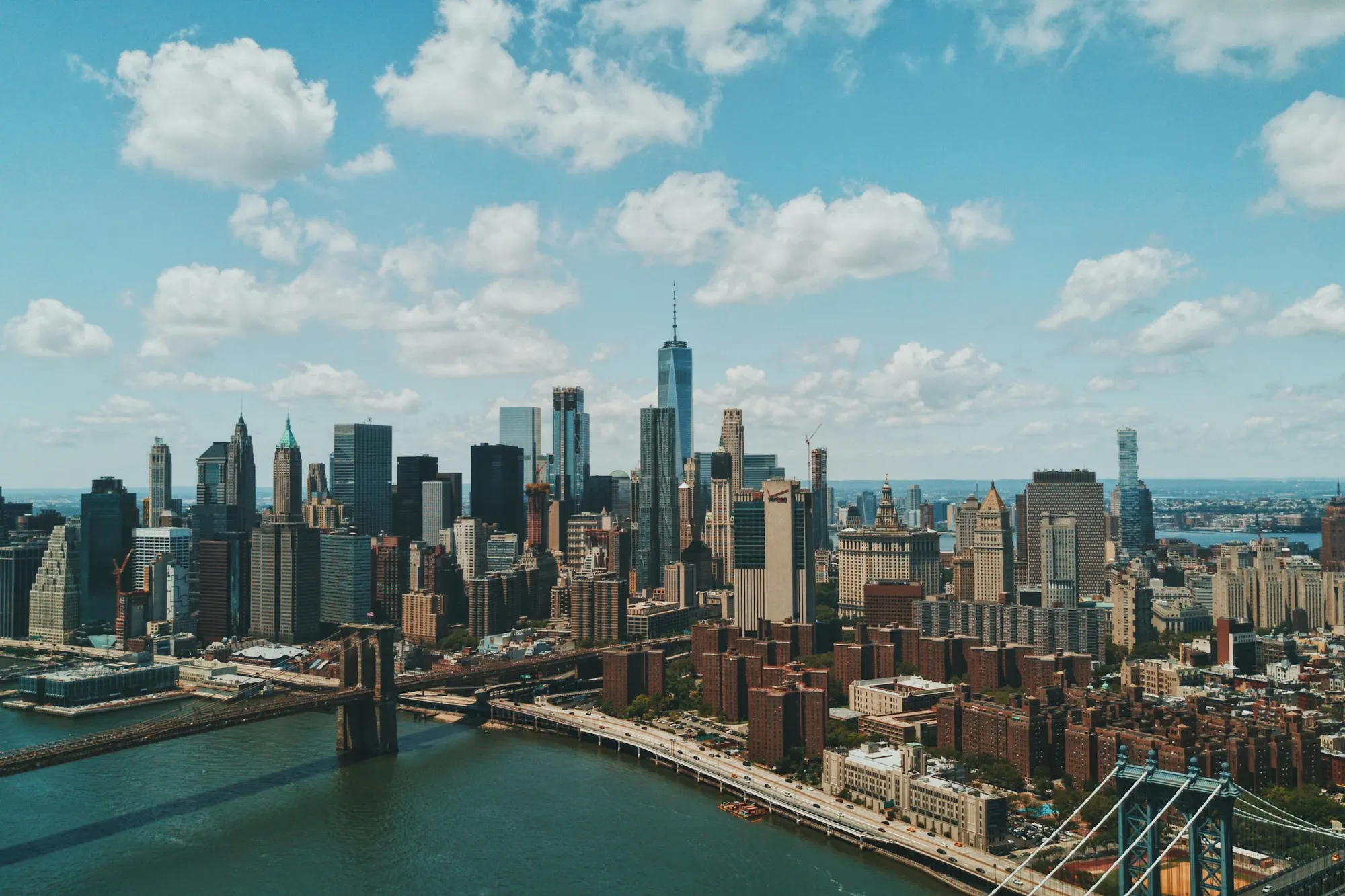 Aerial view of Lower Manhattan’s financial district above the Brooklyn Bridge and East River